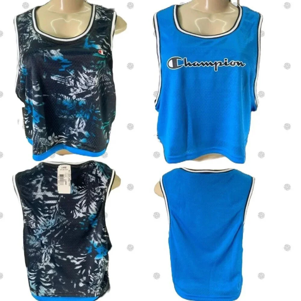Champion L Logo Reversible Blue Floral Mesh Pin Dot Scoop Neckline Crop Tank